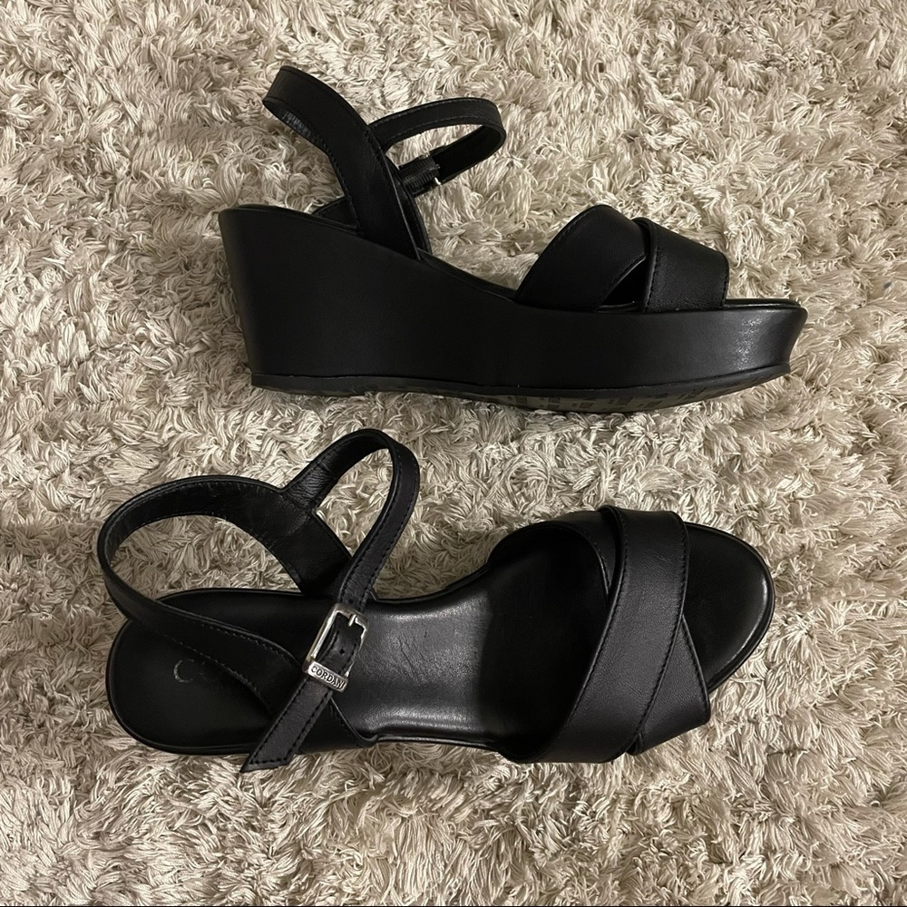 Black Leather Cordani Italy Wedge Sandals